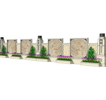 新中式围墙护栏su模型