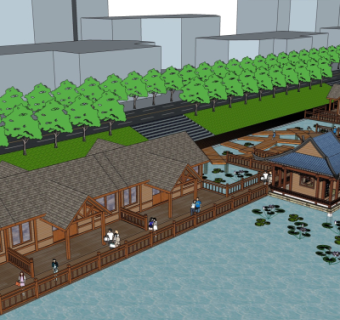 中式沿河景观su模型