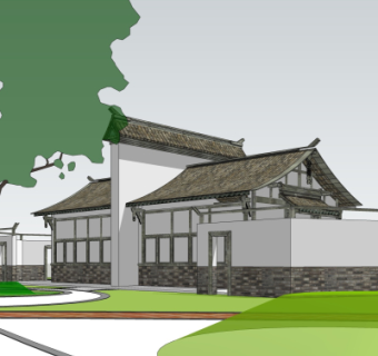 新中式建筑外观su模型