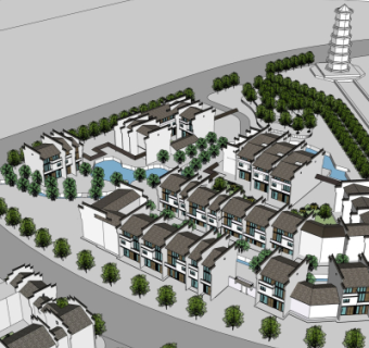 新中式小区规划su模型