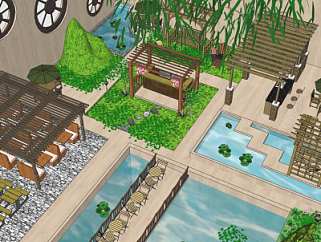 新中式庭院花园su模型
