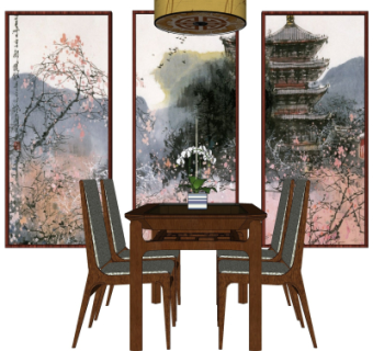 新中式实木餐桌椅su模型