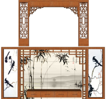 中式电视背景墙隔断su模型