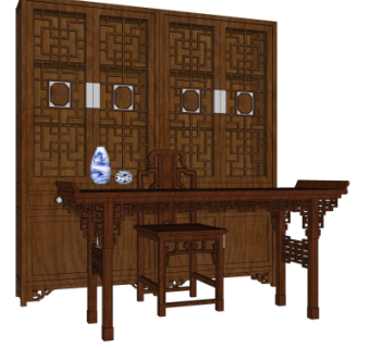 中式实木书桌su模型
