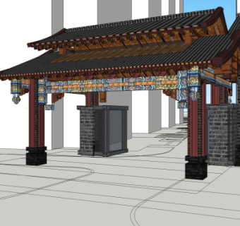 中式小区门头su模型