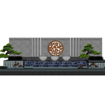 新中式景观墙su模型