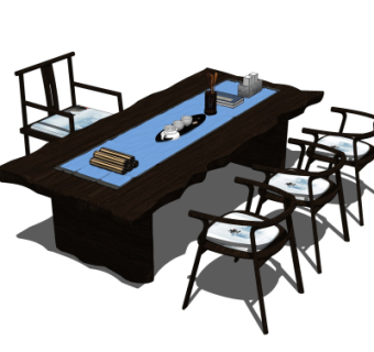 中式实木书桌椅su模型