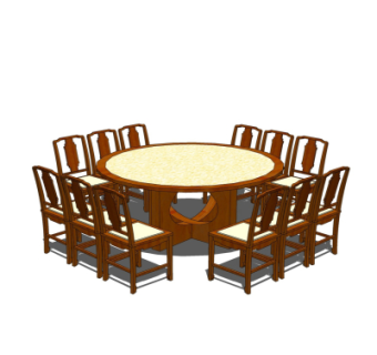 中式圆形实木餐桌椅su模型