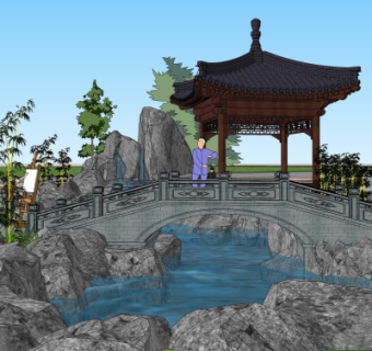 中式小桥流水景观小品su模型