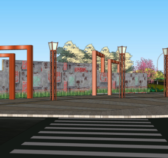 新中式景观墙小品su模型