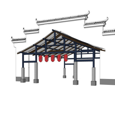 新中式建筑门头su模型