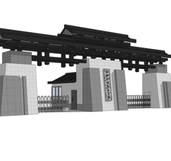 中式小区大门入口su模型