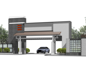 中式小区大门入口免费su模型