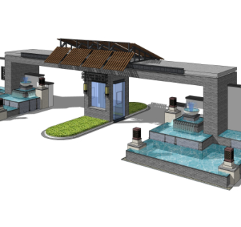 中式小区大门入口su模型
