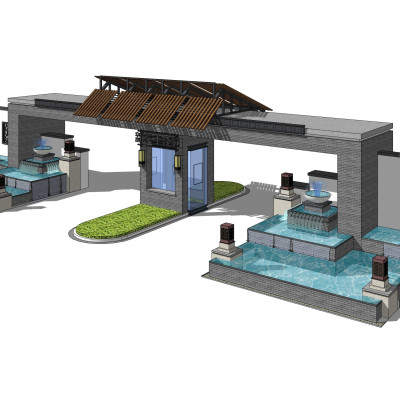 中式小区大门入口su模型