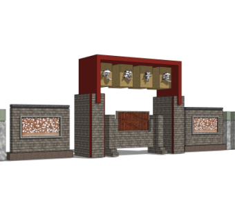 中式小区大门入口su模型