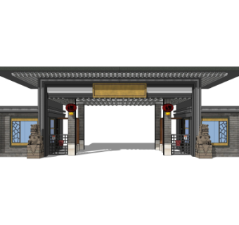 中式小区大门入口su模型