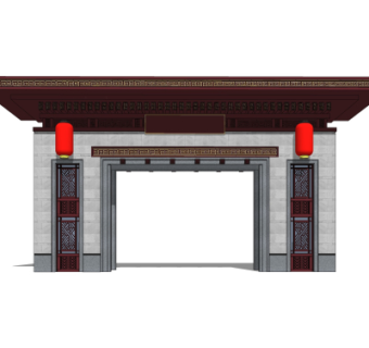中式小区大门入口su模型