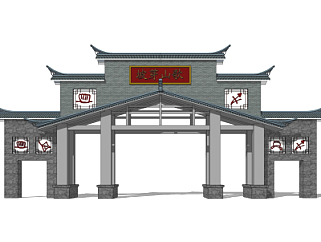 中式小区大门入口su模型