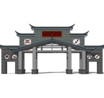 中式小区大门入口su模型