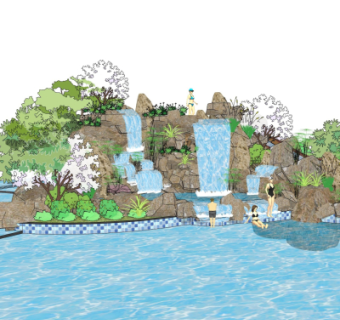 自然风假山流水小品su模型