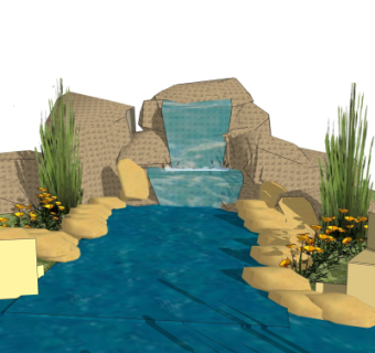 自然风假山流水小品su模型