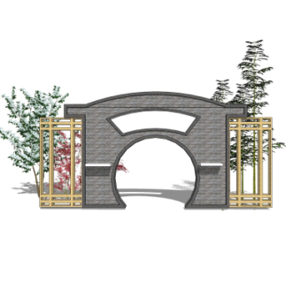 新中式月亮门景观墙su模型