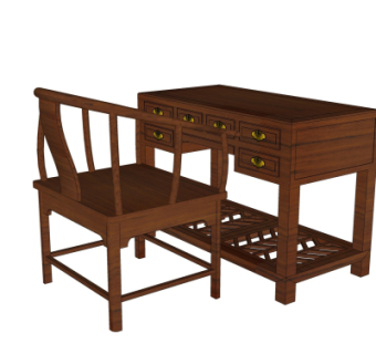 中式实木书桌椅su模型