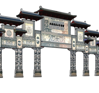 中式牌坊大门免费su模型