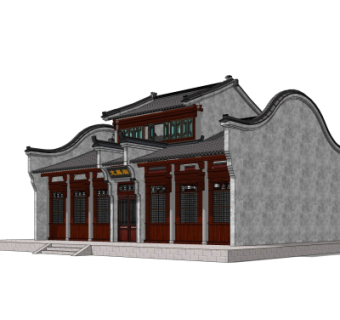 中式商铺外观su模型
