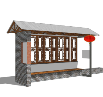 中式公交候车厅su模型