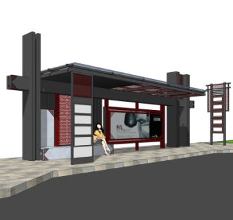 新中式公交候车亭su模型
