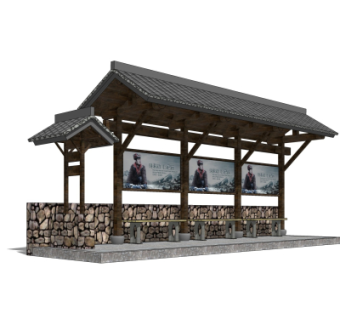 中式公交候车厅su模型