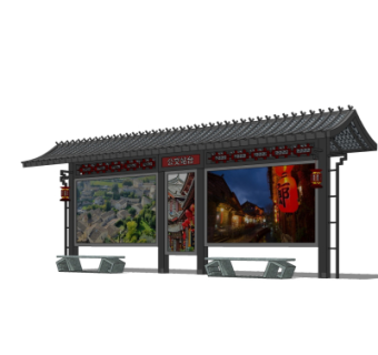 中式公交候车亭su模型