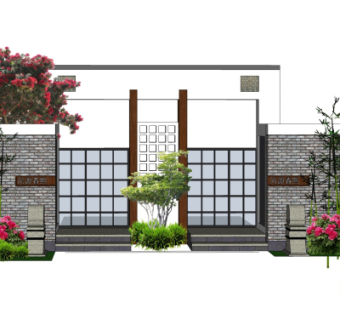 新中式庭院入户门su模型