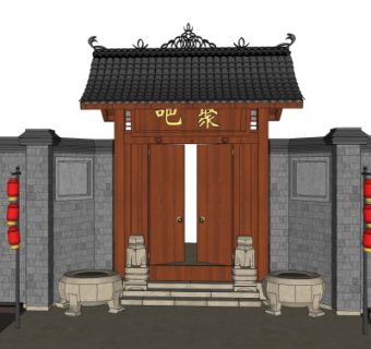 中式庭院入户门su模型