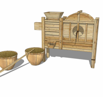 中式实木农具谷风车su模型