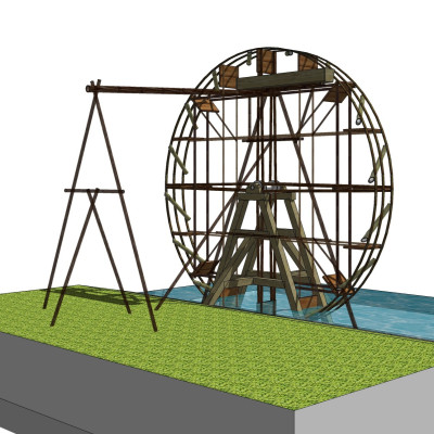 中式实木水车su模型
