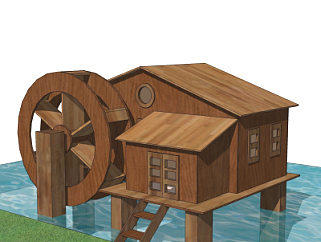 中式实木水车su模型