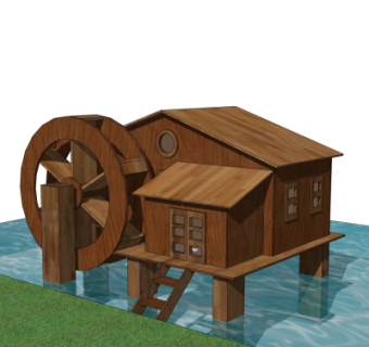 中式实木水车su模型