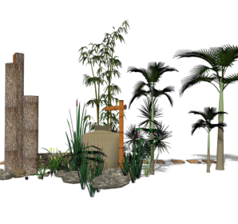 新中式竹石流水小品su模型