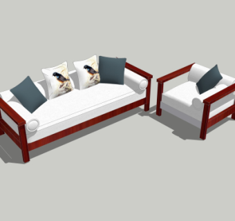中式实木双人沙发su模型