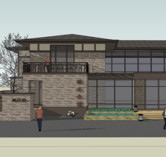 中式会所外观su模型