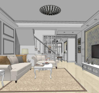 欧式复式客厅餐厅su模型