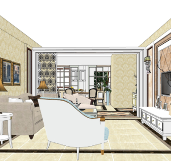 美式客厅餐厅su模型