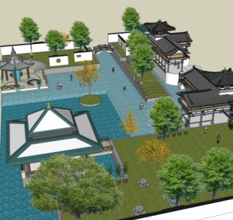 中式园林鸟瞰su模型