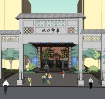 中式小区门头su模型
