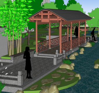 中式公园木桥su模型