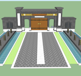 中式小区大门入口su模型