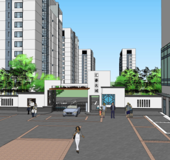 中式小区大门入口su模型